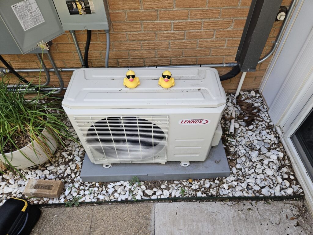 AC unit with rubber ducks aligned on top